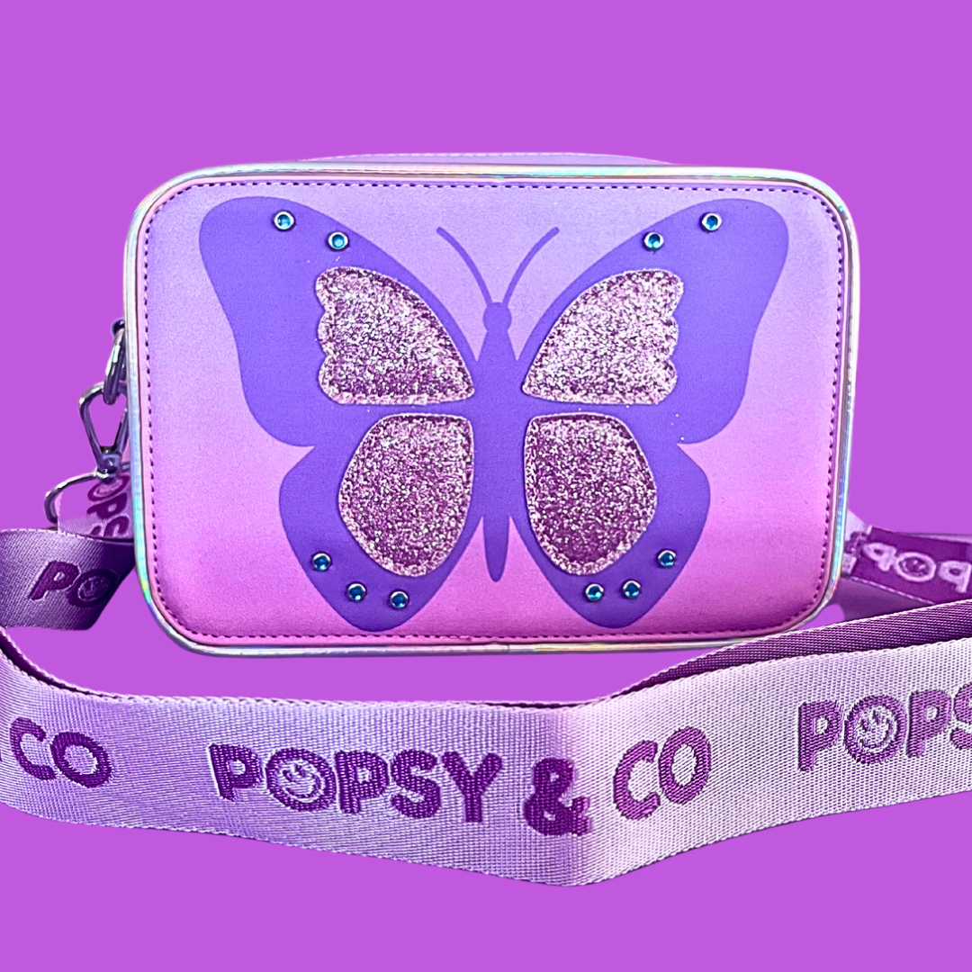 Glitter butterfly kids crossbody bag.
