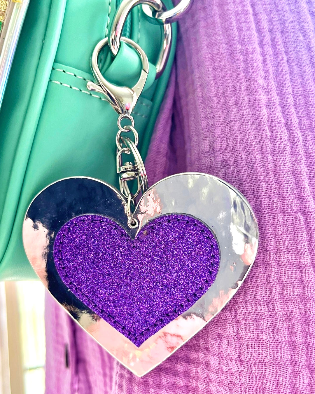 Glitter heart bag charm for kids bags.