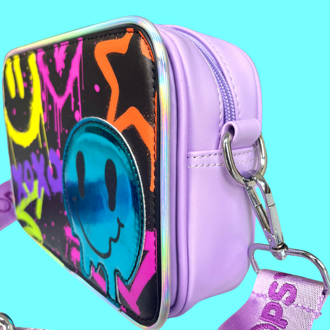 Graffiti Smiles Crossbody purple bag side view