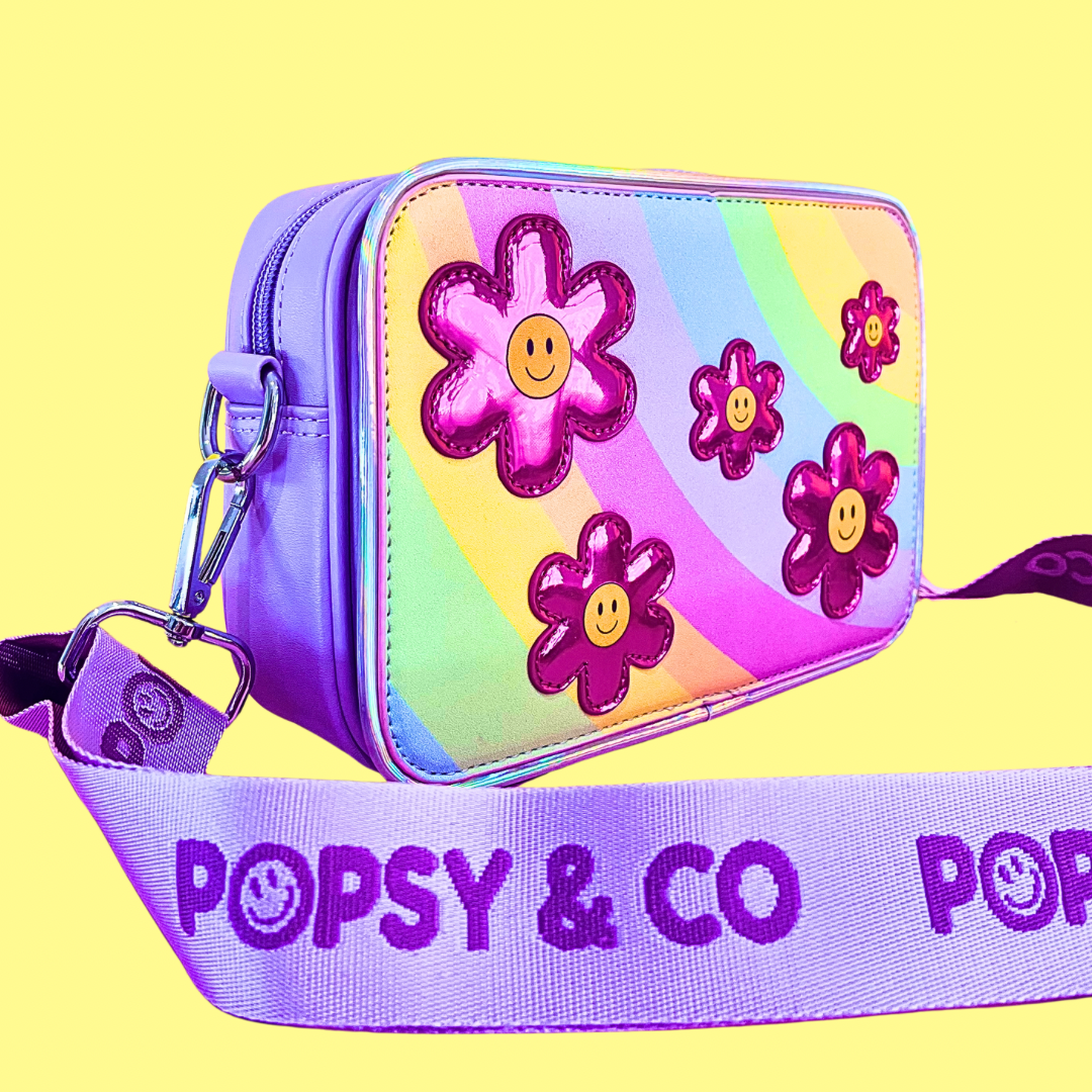 Side view of daisy flower kids crossbody bag