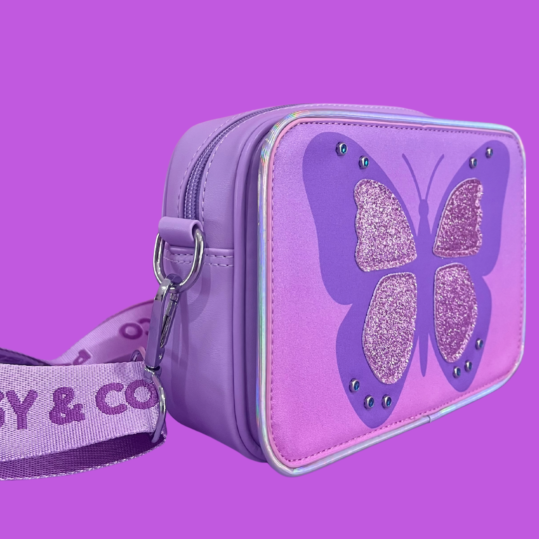 Side view of kids butterfly crossbody bag.