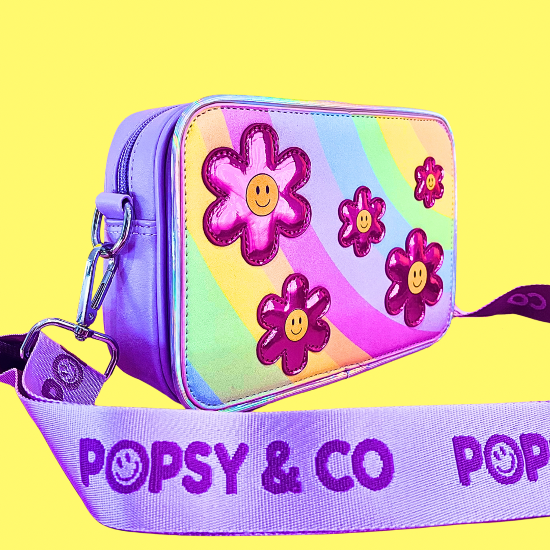Side view of flower daisy kids crossbody bag