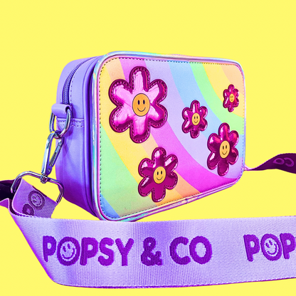 Side view of flower daisy kids crossbody bag