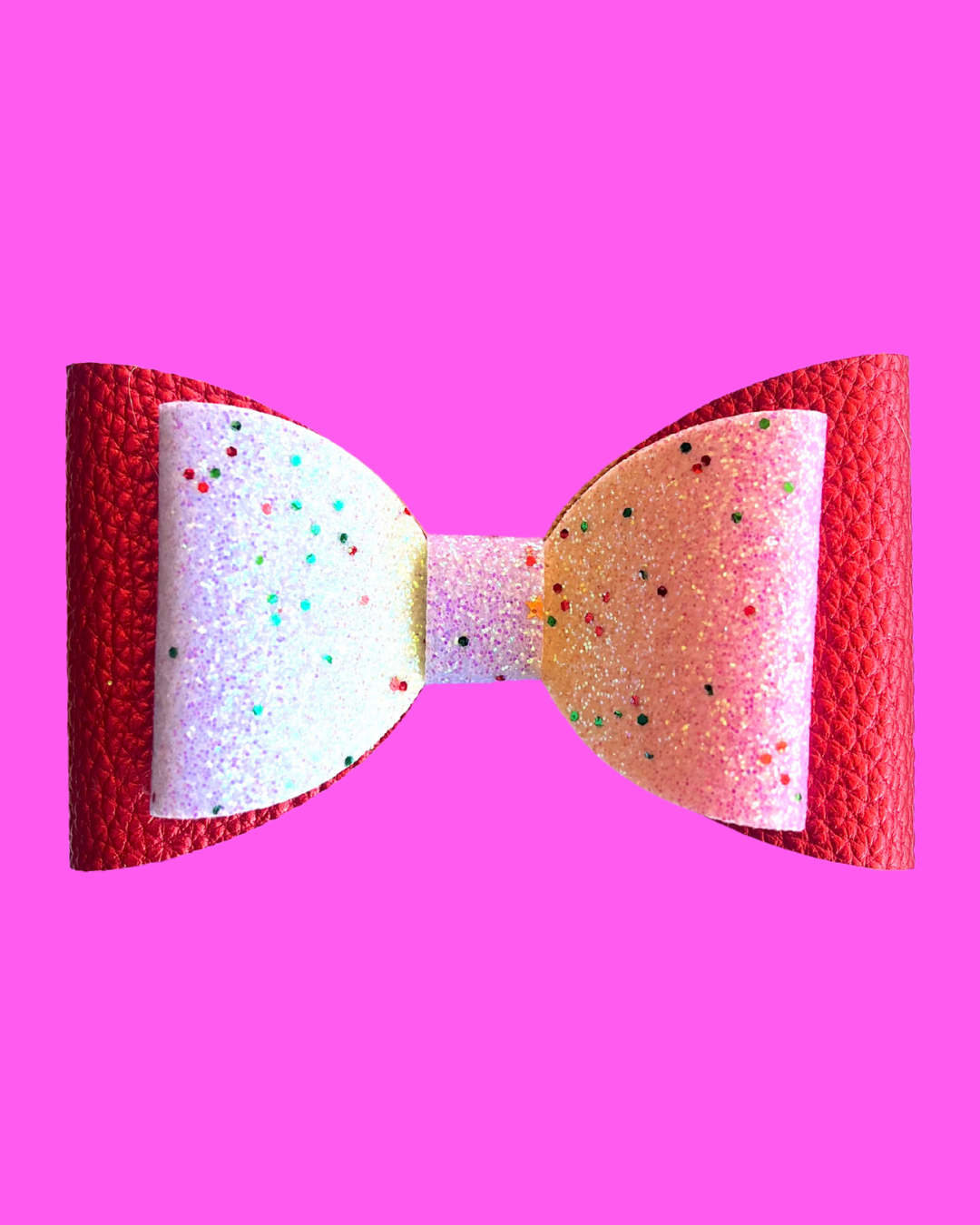 Rainbow hair bow for kids. Glitter rainbow front layer and red back layer