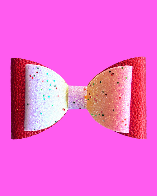 Rainbow hair bow for kids. Glitter rainbow front layer and red back layer