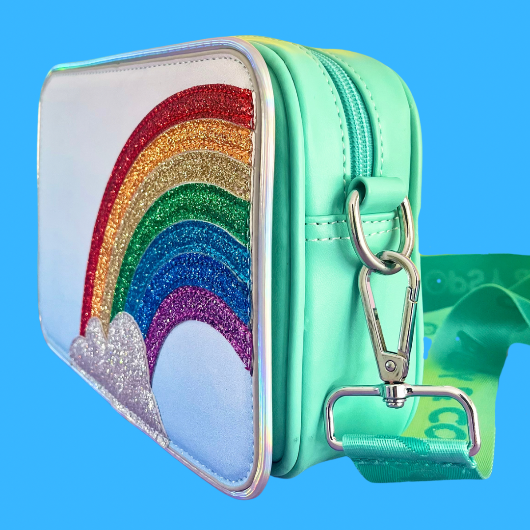 Side view of my kids rainbow crossbody bag