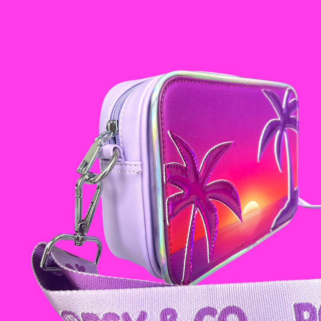 Side view of sunset palms purple crossbody bag for kids from Popsy and Co