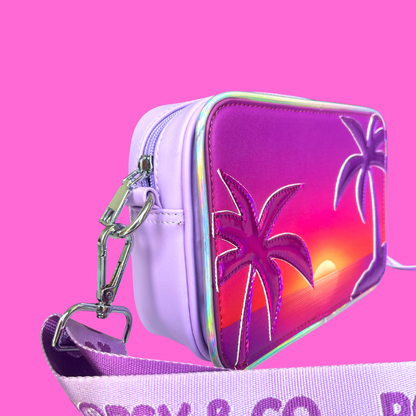 Sunset Palms Purple Crossbody Bag for kids side view 