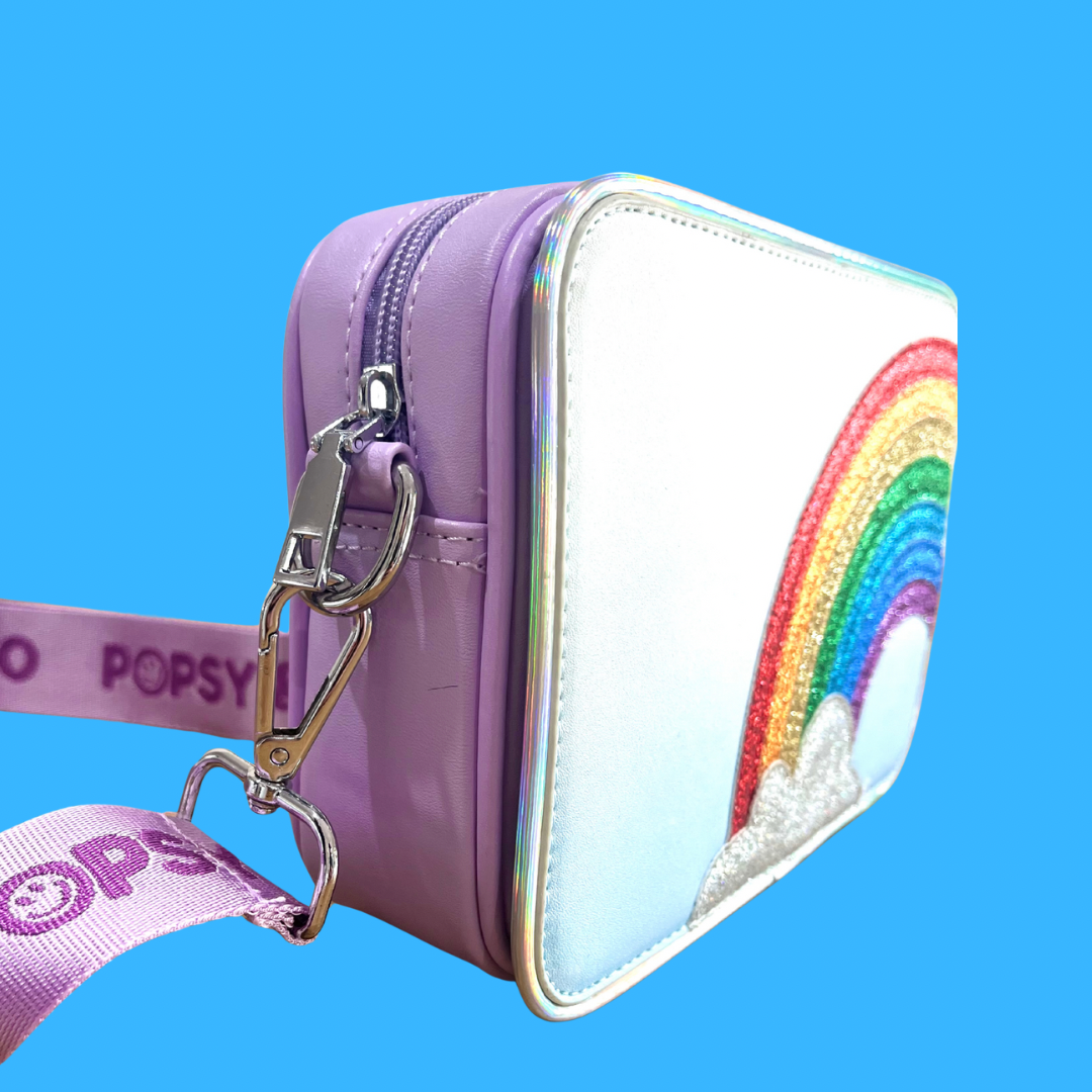 Rainbow cover on purple bag for kids