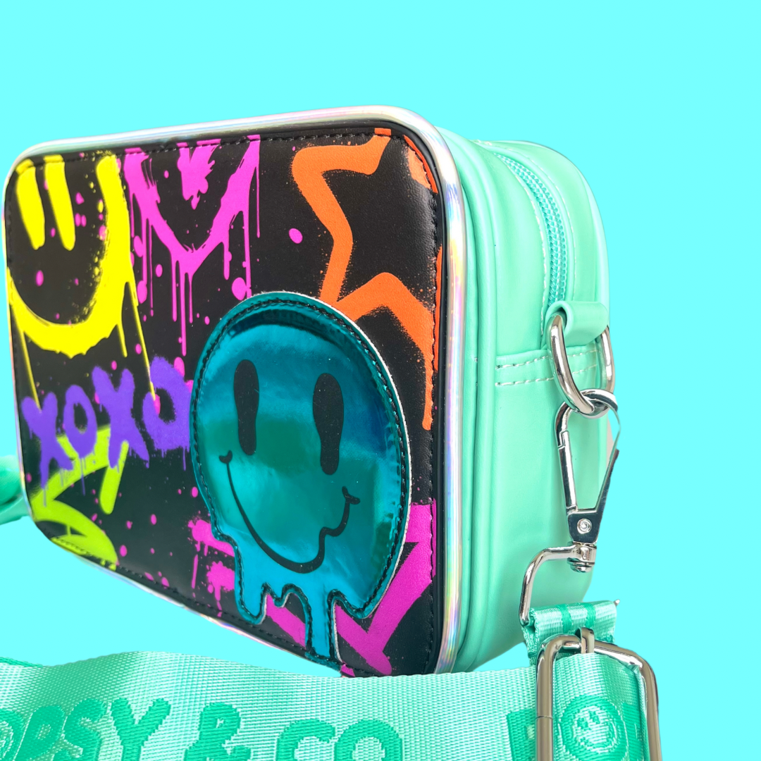 Graffiti Smiles Crossbody Green bag for kids side view