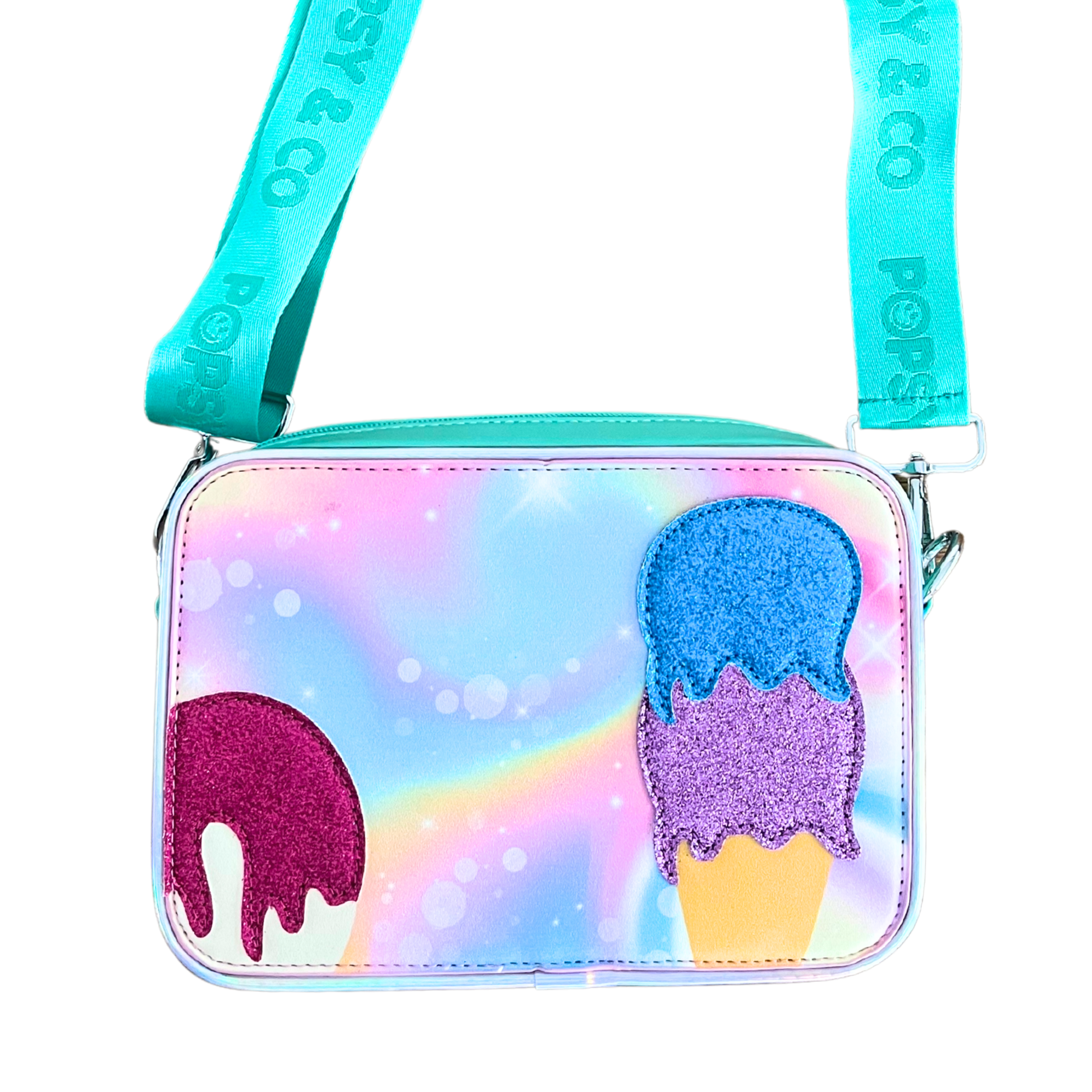 A green crossbody bag for kids with a colourful ice cream design including glitter icecream scoops and a swirly pastel background.