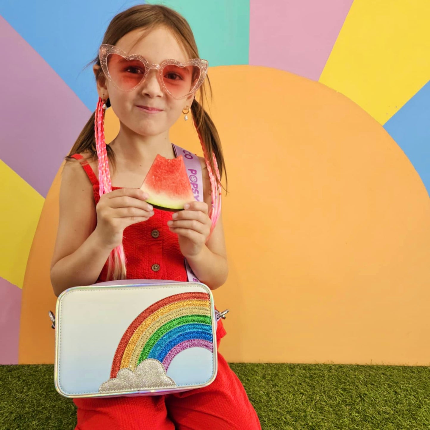 Girl wearing red holding a kids purple crossbody bag with a rainbow magic interchangeable cover by Popsy and Co, stylish and fun kids accessories.